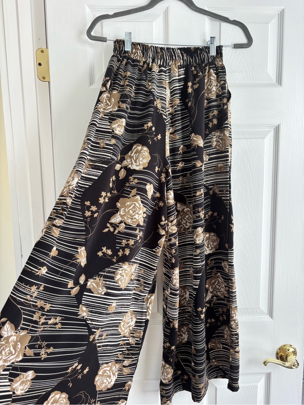 Wide Leg Women's Pants with Gold Floral Print - Picture 7 of 7